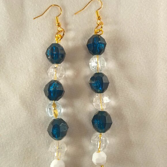 Blue & Crystal-Colored Beaded Earrings, Beautiful Beaded Dangle Earrings - Picture 1 of 3